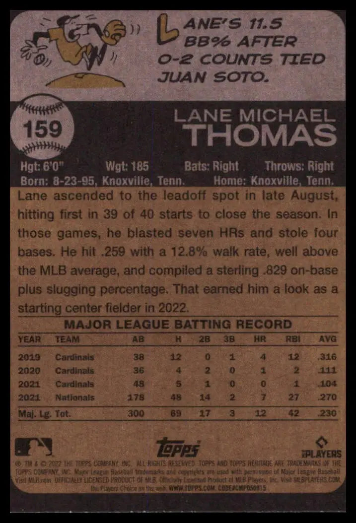2022 Topps Heritage Lane Thomas 159 Washington Nationals NM - Baseball Card Single