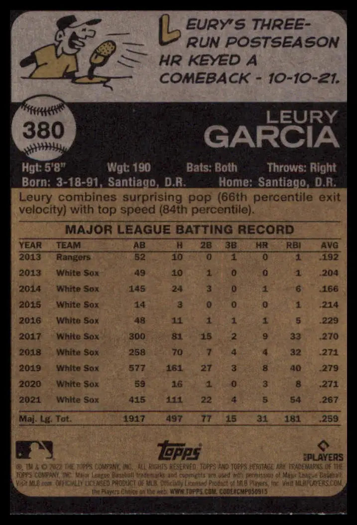 2022 Topps Heritage Leury Garcia 380 Chicago White Sox NM - Baseball Card Single