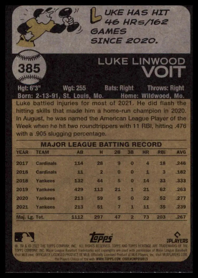 2022 Topps Heritage Luke Voit 385 New York Yankees NM - Baseball Card Single