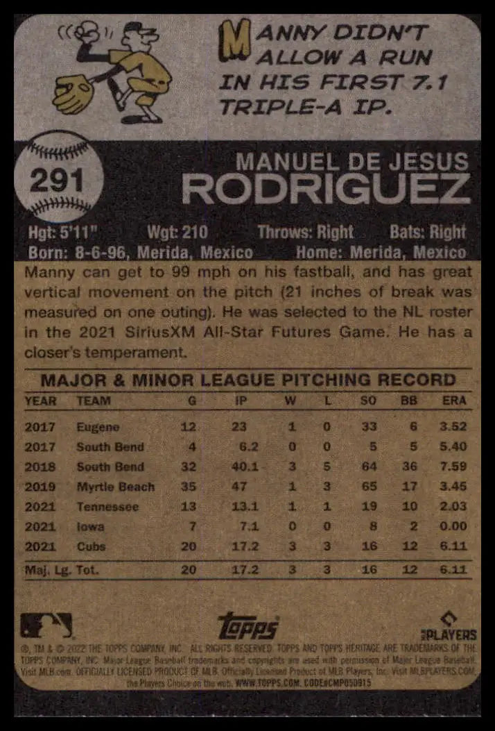 2022 Topps Heritage Manuel Rodriguez RC 291 Chicago Cubs NM - Baseball Card Single