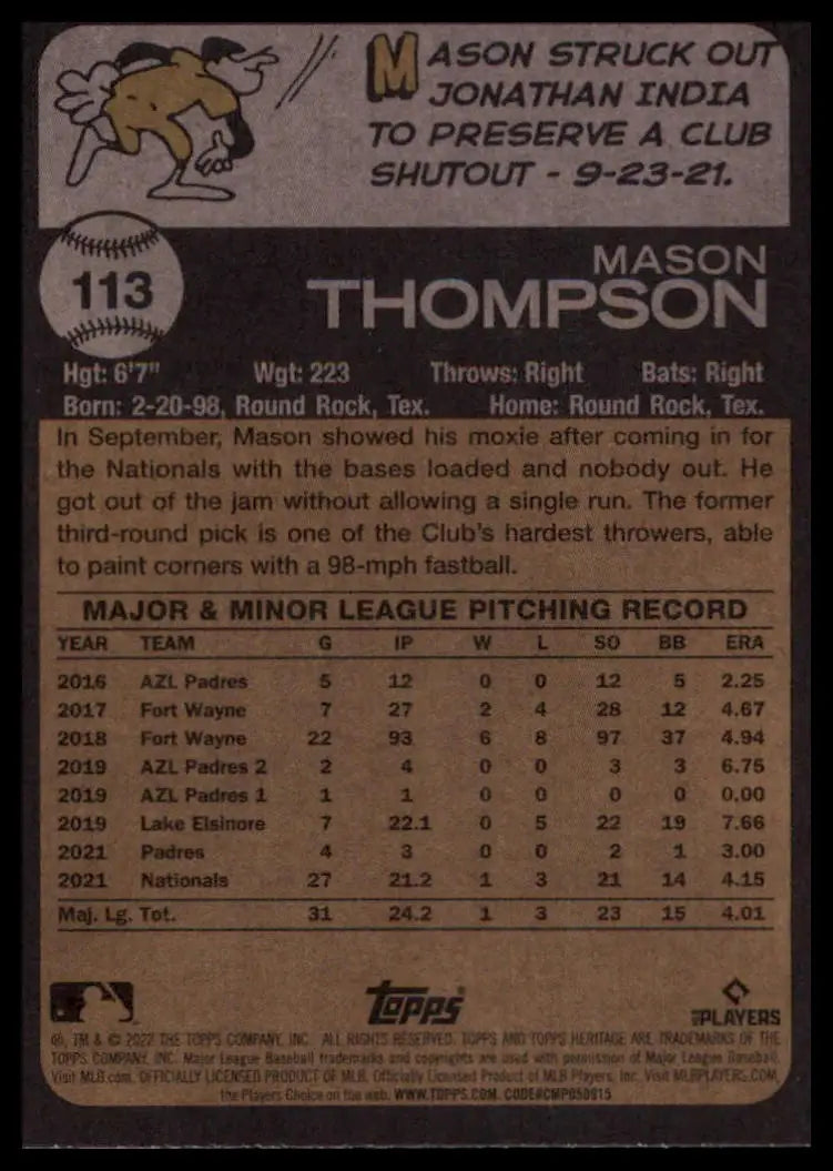 2022 Topps Heritage Mason Thompson RC 113 Washington Nationals NM