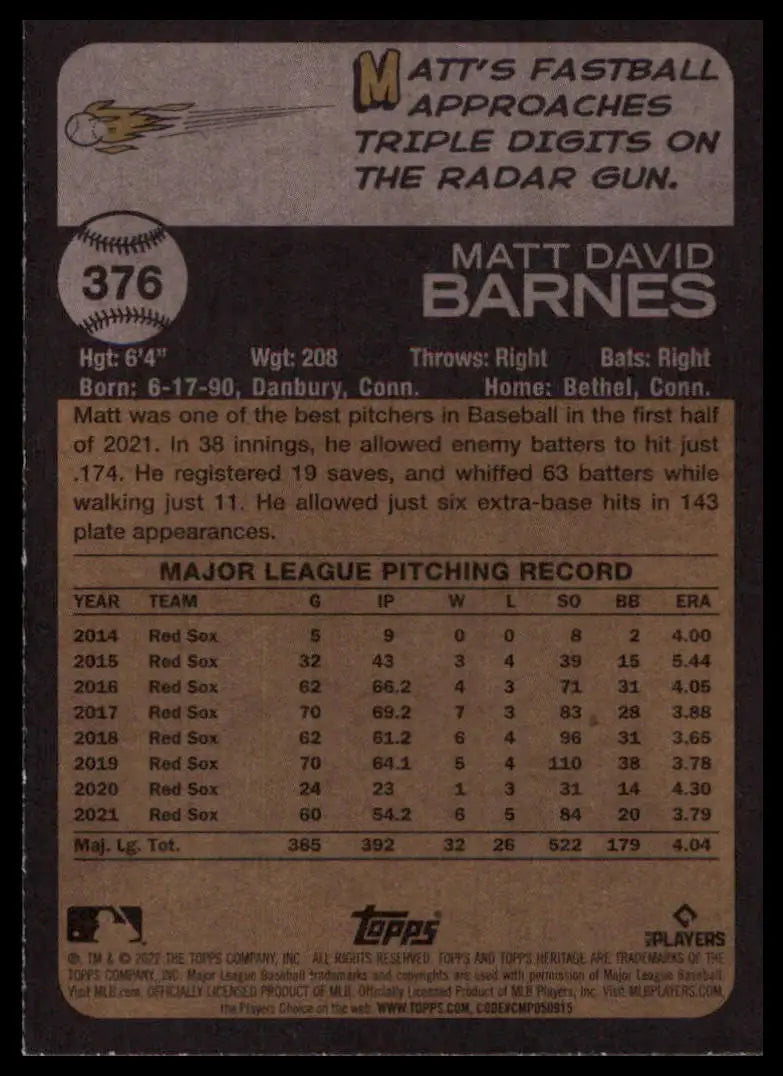 2022 Topps Heritage Matt Barnes 376 Boston Red Sox NM - Baseball Card Single