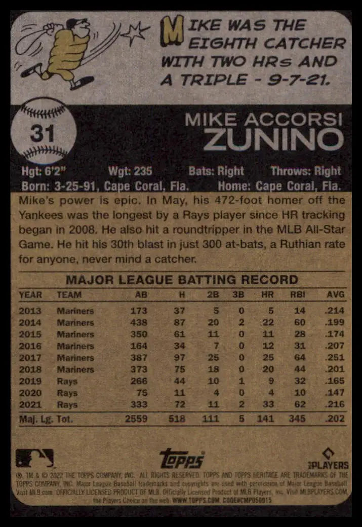 2022 Topps Heritage Mike Zunino 31 Tampa Bay Rays NM - Baseball Card Single