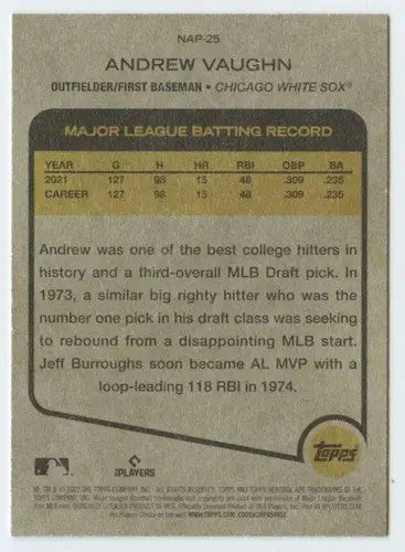 Topps Heritage Andrew Vaughn baseball card with original gloss and batting record detail