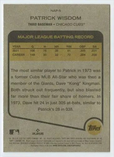 Patrick Wisdom baseball card from 2022 Topps Heritage New Age Performers offering an original gloss