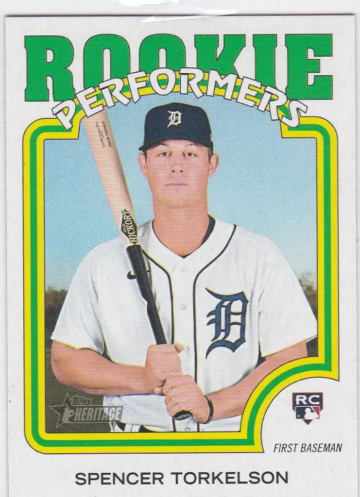 Baseball card of Spencer Torkelson RC Detroit in Topps Heritage, holding a bat