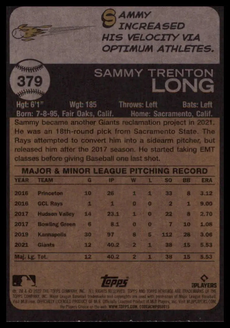 2022 Topps Heritage Sammy Long RC 379 San Francisco Giants NM - Baseball Card Single