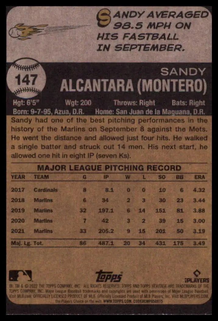 2022 Topps Heritage Sandy Alcantara 147 Miami Marlins NM - Baseball Card Single