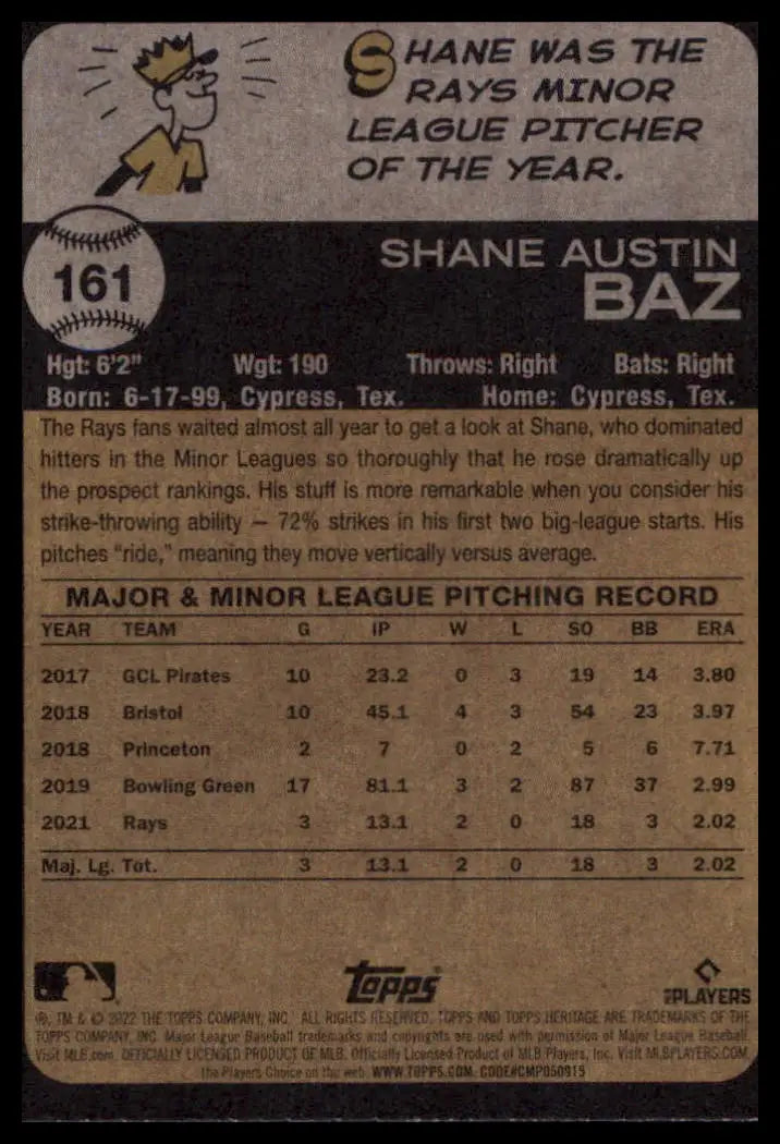 2022 Topps Heritage Shane Baz RC 161 Tampa Bay Rays NM - Baseball Card Single