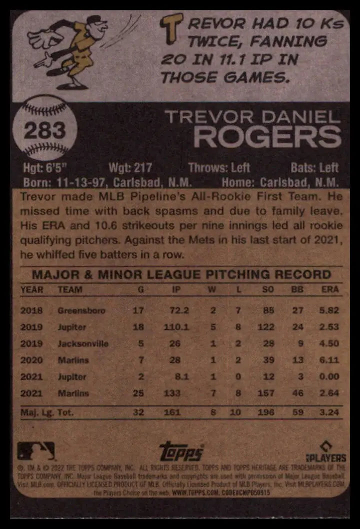 2022 Topps Heritage Trevor Rogers 283 Miami Marlins NM - Baseball Card Single