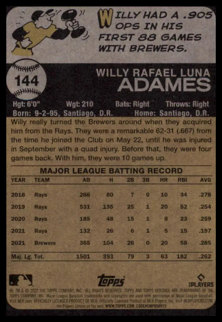 2022 Topps Heritage Willy Adames 144 Milwaukee Brewers NM - Baseball Card Single