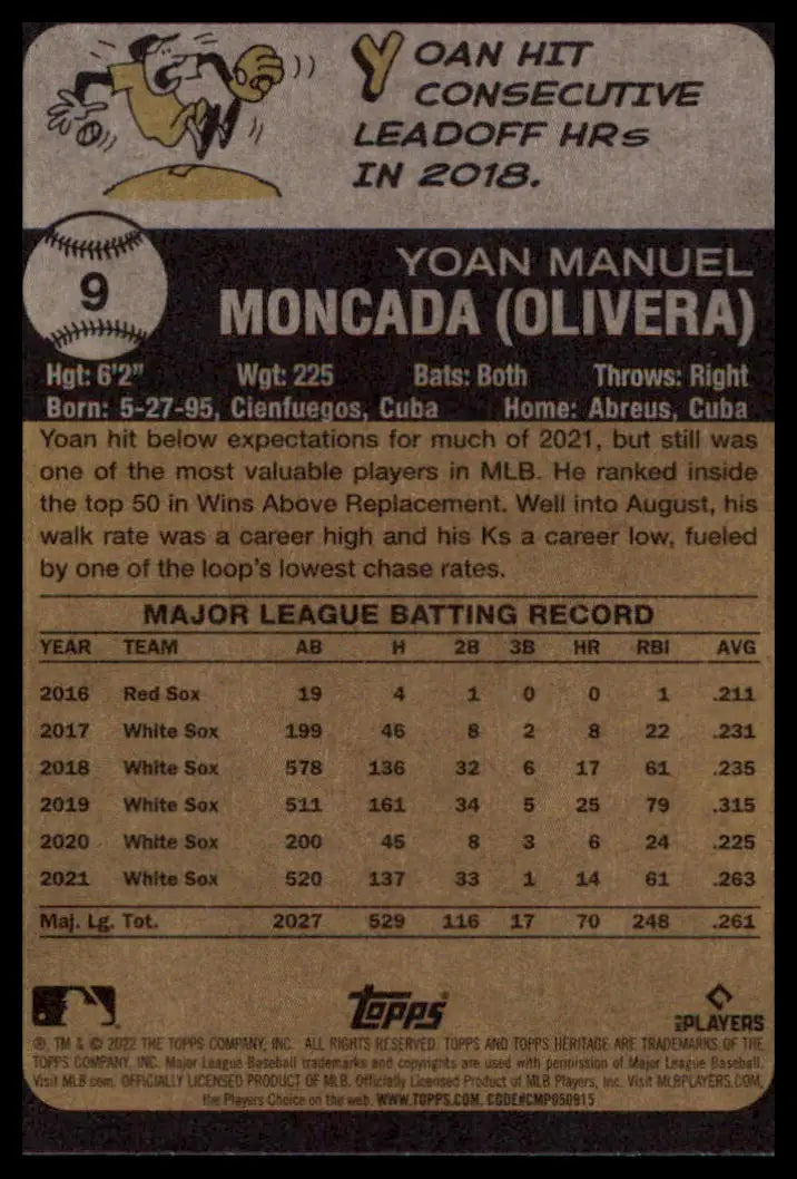 2022 Topps Heritage Yoan Moncada 9 Chicago White Sox NM - Baseball Card Single