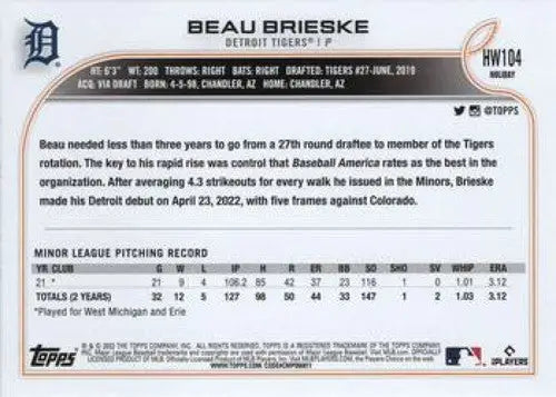 2022 Topps Holiday #HW104 Beau Brieske NM-MT RC Rookie Tigers ID:48158 - Baseball Card Single