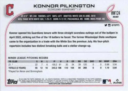 2022 Topps Holiday #HW124 Konnor Pilkington NM-MT RC Rookie Guardians ID:48128 - Baseball Card Single