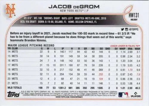 2022 Topps Holiday #HW131 Jacob deGrom NM-MT Mets ID:48112 - Baseball Card Single