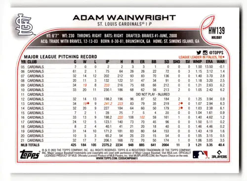 2022 Topps Holiday HW139 Adam Wainwright baseball card with original gloss featuring Cardinals