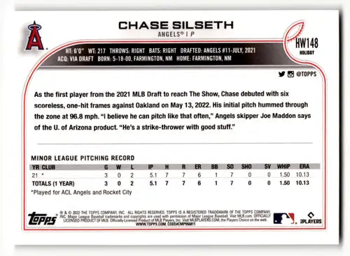 2022 Topps Holiday HW148 Chase Silseth rookie baseball card, Angels collectible