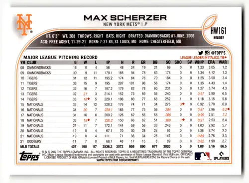 2022 Topps Holiday #HW161 Max Scherzer NM-MT Mets ID:47438 - Baseball Card Single