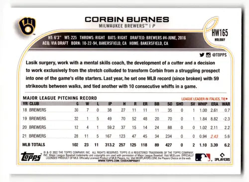 2022 Topps Holiday Corbin Burnes baseball card with original gloss Brewers ID 47413