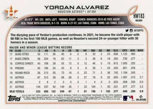 2022 Topps Holiday #HW183 Yordan Alvarez NM-MT Astros ID:48132 - Baseball Card Single