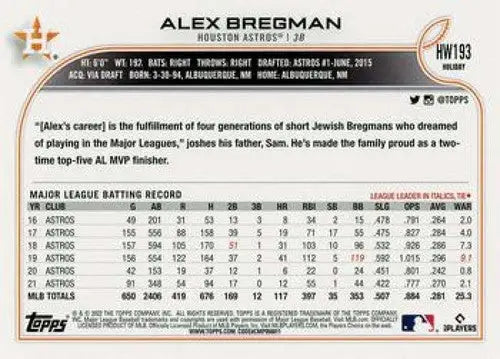 2022 Topps Holiday #HW193 Alex Bregman NM-MT Astros ID:48119 - Baseball Card Single