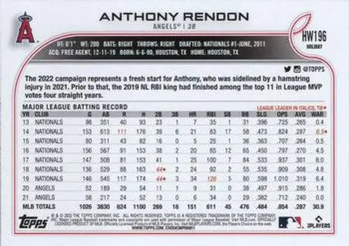 2022 Topps Holiday #HW196 Anthony Rendon NM-MT Angels ID:48110 - Baseball Card Single