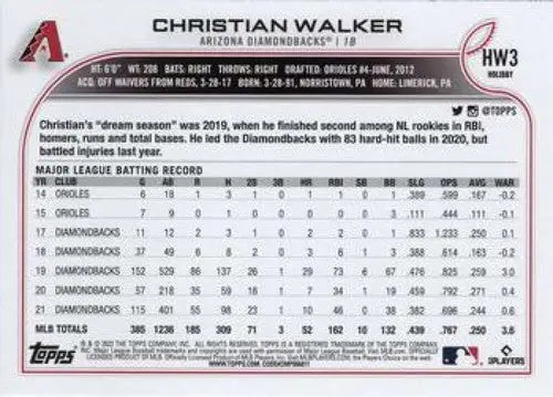 2022 Topps Holiday #HW3 Christian Walker NM-MT Diamondbacks ID:48122 - Baseball Card Single