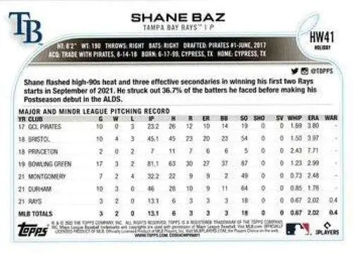 2022 Topps Holiday #HW41 Shane Baz NM-MT RC Rookie Rays ID:48160 - Baseball Card Single