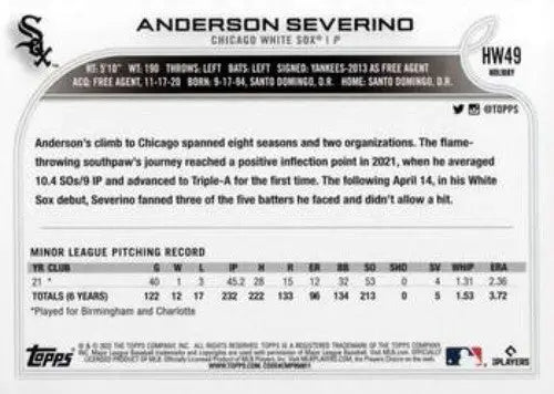 Baseball card back featuring original gloss for 2022 Topps Holiday HW49 Anderson Severino NM-MT RC Rookie White Sox ID 48935