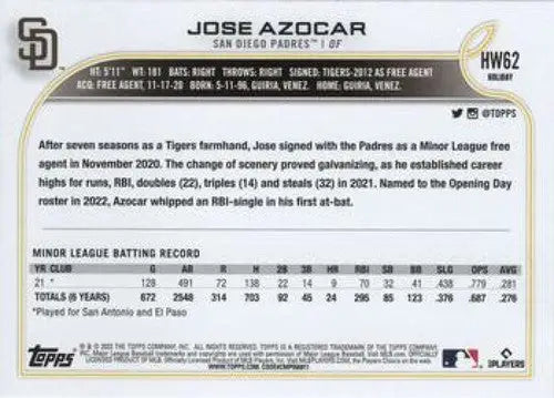 2022 Topps Holiday #HW62 Jose Azocar NM-MT RC Rookie Padres ID:48141 - Baseball Card Single