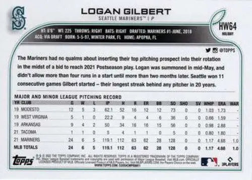 2022 Topps Holiday #HW64 Logan Gilbert NM-MT Mariners ID:48106 - Baseball Card Single