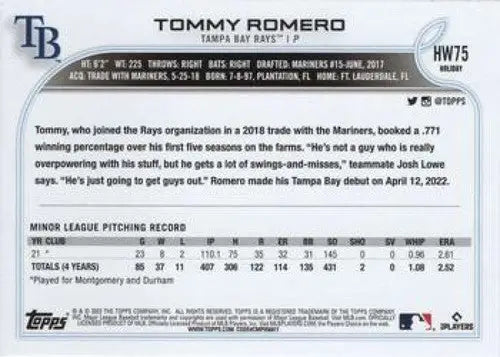 Original gloss hw75 Tommy Romero Topps Holiday baseball card in 2022 Topps Holiday set