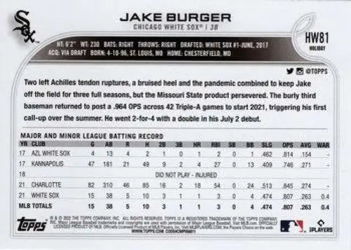 Original gloss HW81 Jake Burger Topps Holiday baseball card in mint condition