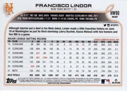 2022 Topps Holiday #HW90 Francisco Lindor NM-MT Mets ID:48107 - Baseball Card Single