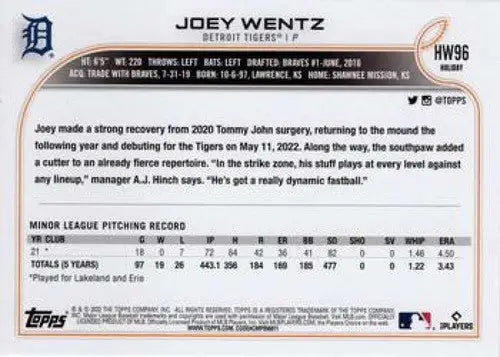 2022 Topps Holiday #HW96 Joey Wentz NM-MT RC Rookie Tigers ID:48129 - Baseball Card Single