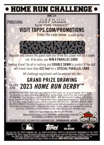 Joey Gallo Home Run Challenge card from 2022 Topps Home Run Challenge series