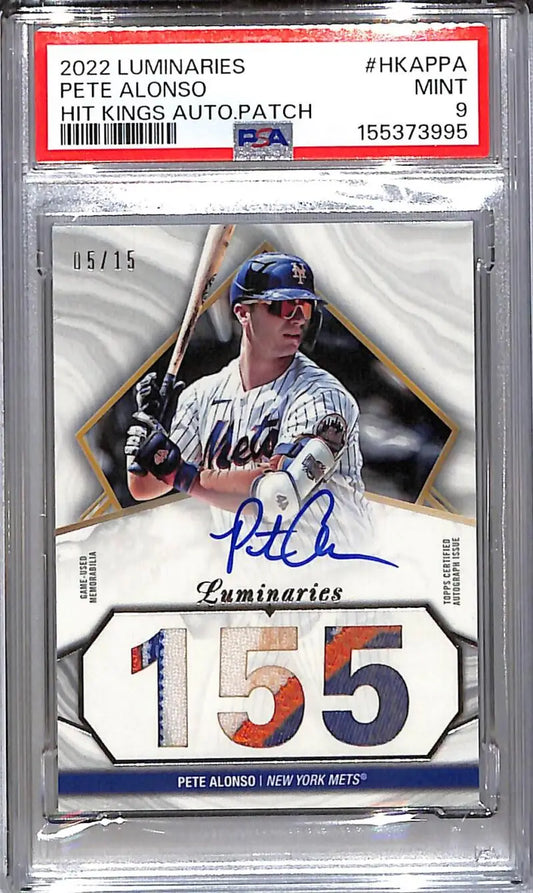 2022 Topps Luminaries Hit Kings #HKAP-PA Pete Alonso PSA 9 MINT MEM Auto 5/15 New York Mets - Baseball Card Single