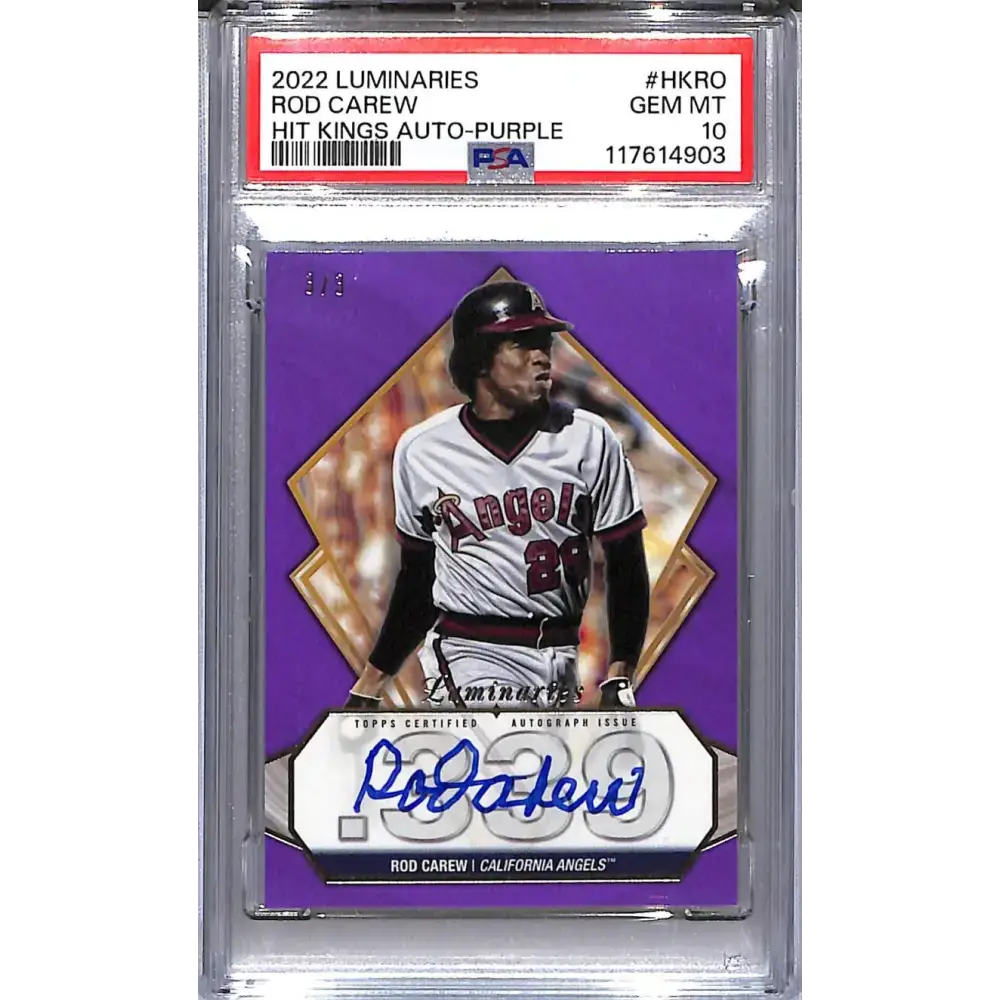 2022 Topps Luminaries Hit Kings Purple #HK-RO Rod Carew PSA 10 GEM MINT Auto 3/3 California Angels - Baseball Card