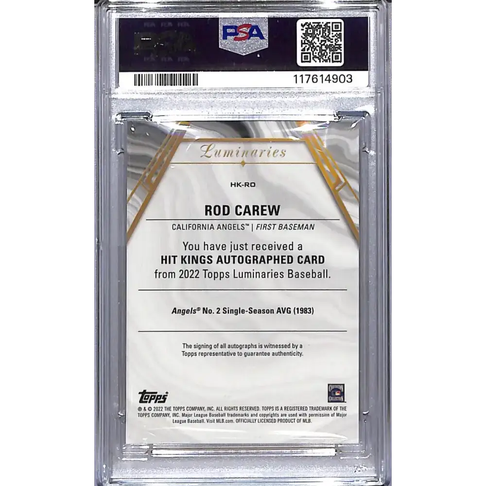 2022 Topps Luminaries Hit Kings Purple #HK-RO Rod Carew PSA 10 GEM MINT Auto 3/3 California Angels - Baseball Card
