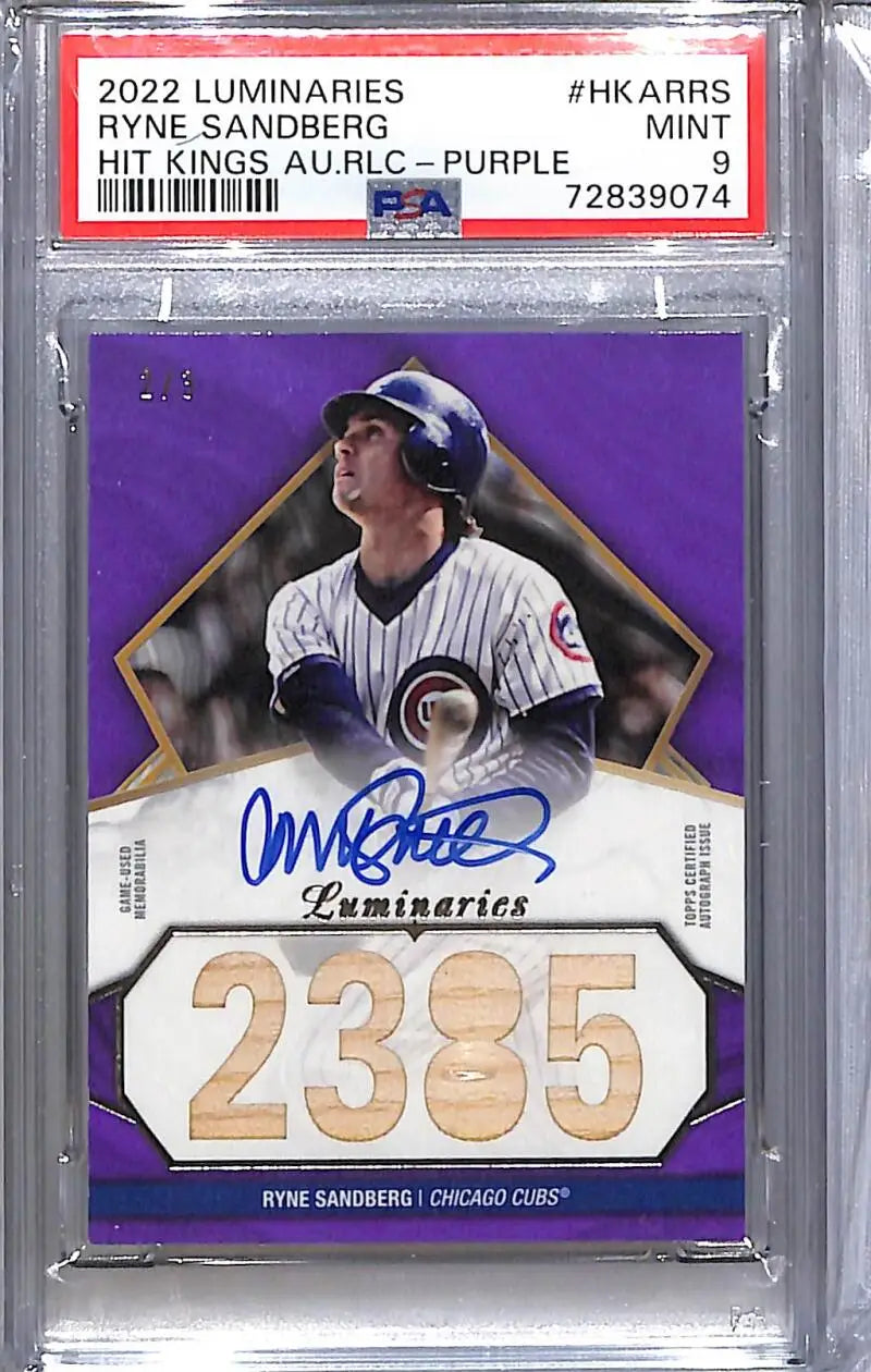 2022 Topps Luminaries Hit Kings Purple #HKAR-RS Ryne Sandberg PSA 9 MINT MEM Auto 2/3 Chicago Cubs
