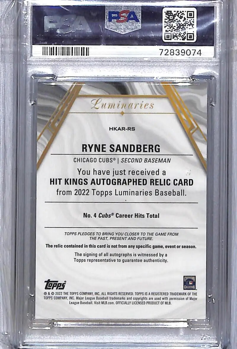 2022 Topps Luminaries Hit Kings Purple #HKAR-RS Ryne Sandberg PSA 9 MINT MEM Auto 2/3 Chicago Cubs