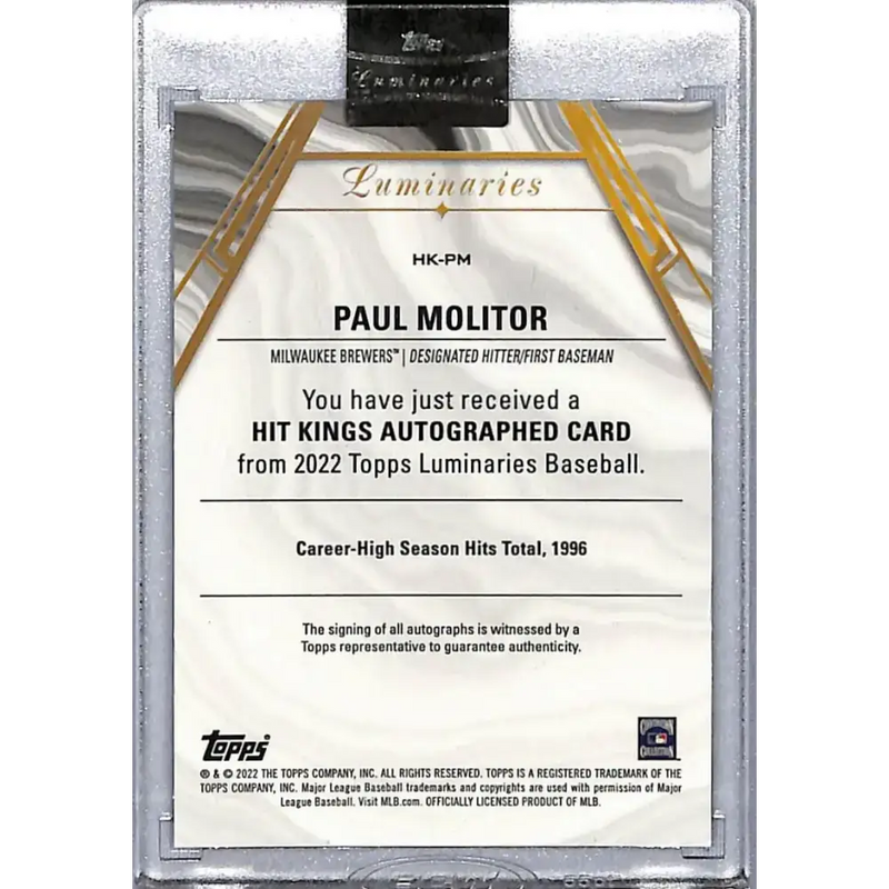 2022 Topps Luminaries #HK-PM Paul Molitor NM-MT Auto 5/5 Milwaukee Brewers Baseball Card - Baseball Card Single