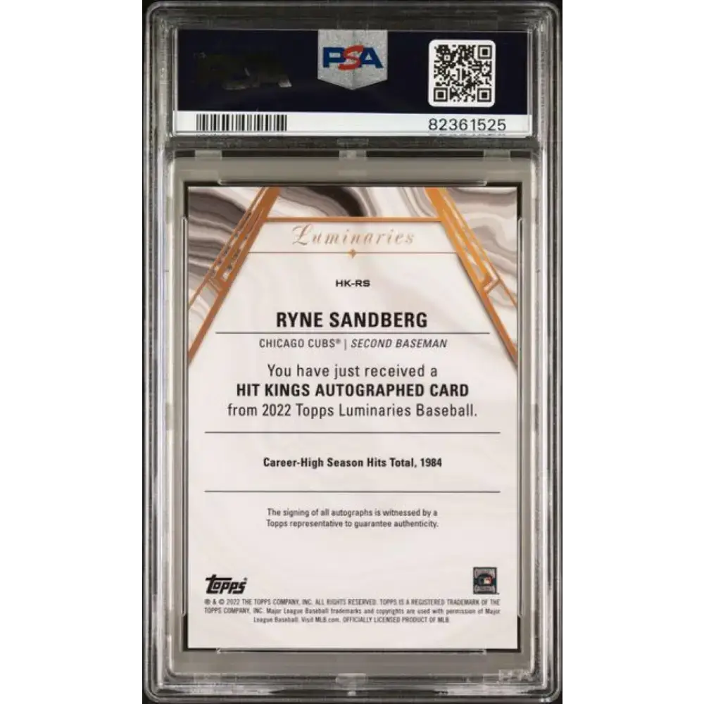 2022 Topps Luminaries #HKRS Ryne Sandberg PSA 10 GEM MINT Auto 8/10 Chicago Cubs Baseball Card - Baseball Card Single