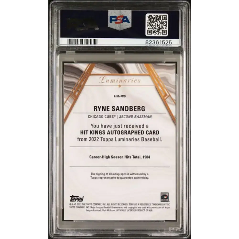 2022 Topps Luminaries #HKRS Ryne Sandberg PSA 10 GEM MINT Auto 8/10 Chicago Cubs Baseball Card - Baseball Card Single