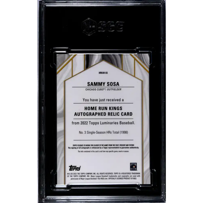 2022 Topps Luminaries Home Run Kings #HRKAR-SS Sammy Sosa SGC 10 Gem MEM Auto 13/15 Chicago Cubs Baseball Card