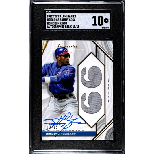 2022 Topps Luminaries Home Run Kings #HRKAR-SS Sammy Sosa SGC 10 Gem MEM Auto 13/15 Chicago Cubs Baseball Card