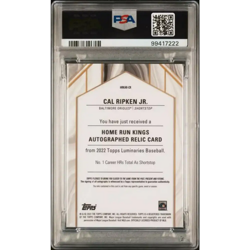 2022 Topps Luminaries #HRKARCR Cal Ripken Jr. PSA 10 GEM MINT MEM Auto 7/15 Baltimore Orioles Baseball Card - Baseball