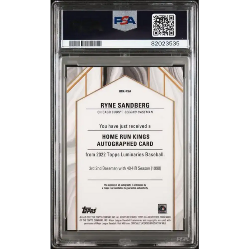 2022 Topps Luminaries #HRKRSA Ryne Sandberg PSA 10 GEM MINT Auto 2/3 Chicago Cubs Baseball Card - Baseball Card Single