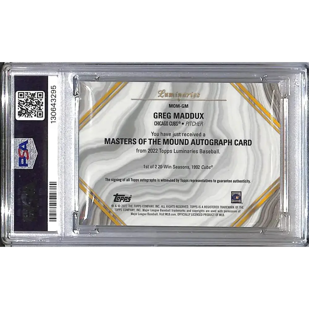 2022 Topps Luminaries Masters of the Mound #MOM-GM Greg Maddux PSA 10 GEM MINT Auto 3/15 Chicago Cubs - Baseball Card