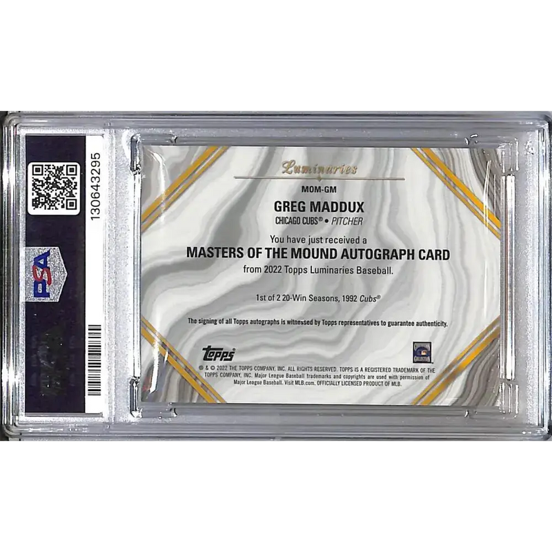 2022 Topps Luminaries Masters of the Mound #MOM-GM Greg Maddux PSA 10 GEM MINT Auto 3/15 Chicago Cubs - Baseball Card
